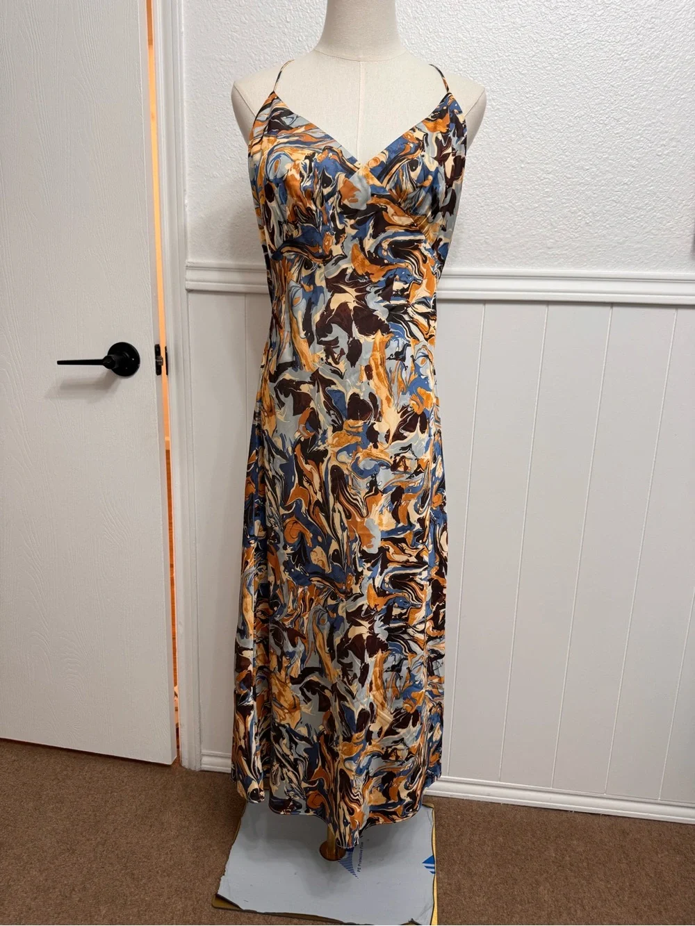 Abercrombie & Fitch Swirl-Print Slip Maxi Dress in Blue and Mustard